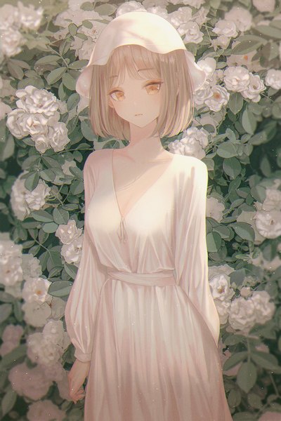 Anime picture 1200x1800 with original vennie single tall image looking at viewer fringe short hair breasts blonde hair standing yellow eyes cleavage outdoors blunt bangs long sleeves blurry girl dress flower (flowers) hat