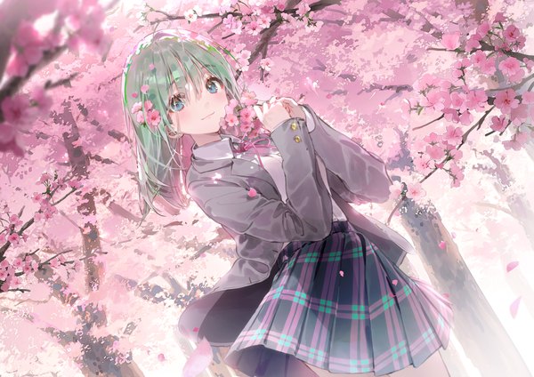 Anime picture 3254x2300 with original dsmile single long hair looking at viewer blush fringe highres blue eyes hair between eyes standing holding absurdres outdoors long sleeves pleated skirt green hair light smile open clothes dutch angle