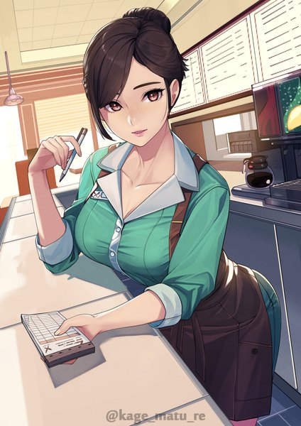Anime picture 2894x4093 with original kagematsuri single tall image looking at viewer fringe highres short hair brown hair standing holding brown eyes signed indoors parted lips hair bun (hair buns) leaning leaning forward twitter username open collar