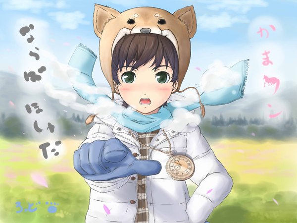Anime picture 1600x1200 with kujiranohane single blush short hair open mouth brown hair green eyes animal ears pointing boy gloves hat jacket scarf clock cap pocket watch animal hat