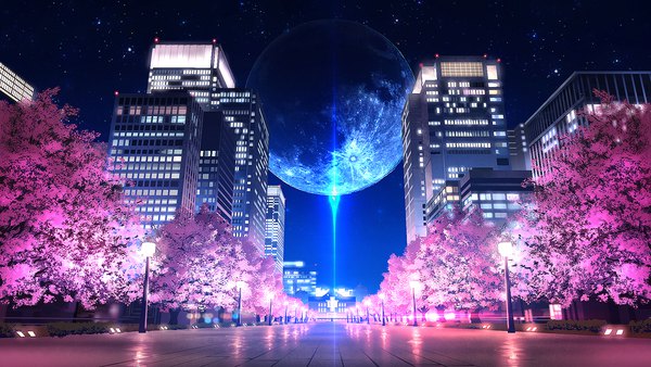 Anime picture 1920x1080 with original smile (qd4nsvik) highres wide image outdoors night night sky cherry blossoms city reflection cityscape no people scenic city lights plant (plants) tree (trees) building (buildings) moon star (stars) skyscraper