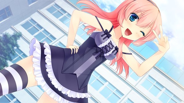 Anime picture 1280x720 with ren'ai made sentakushi hitotsu amatsuka suzuho single long hair looking at viewer blush open mouth blue eyes wide image pink hair game cg one eye closed wink girl thighhighs dress striped thighhighs