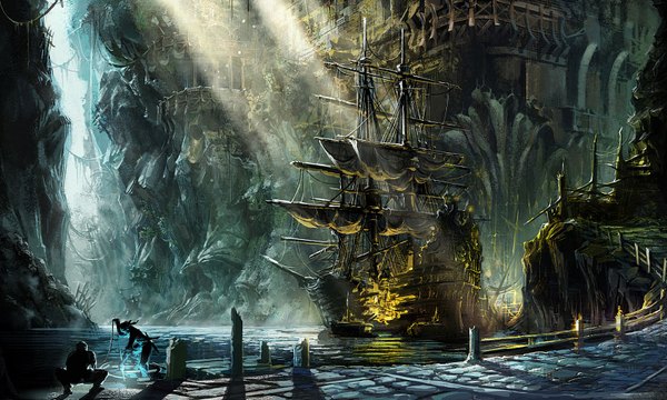 Anime picture 1600x960 with tera online wide image wallpaper rock destruction water watercraft road ship boat pier port