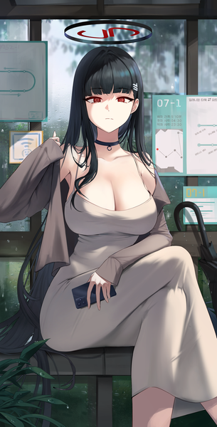 Anime picture 3339x6568 with blue archive rio (blue archive) dongtan lady (k pring) okkimon single long hair tall image looking at viewer fringe highres breasts light erotic black hair red eyes large breasts sitting holding absurdres blunt bangs long sleeves