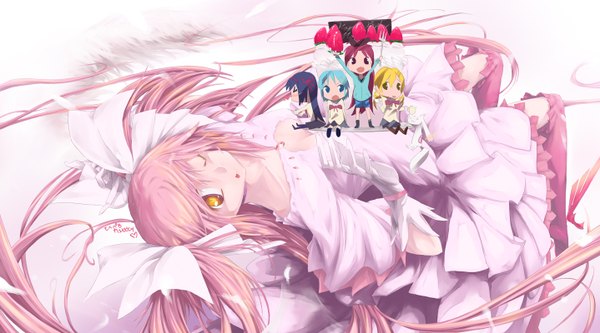 Anime picture 1438x800 with mahou shoujo madoka magica shaft (studio) akemi homura kaname madoka sakura kyouko miki sayaka tomoe mami goddess madoka kyuubee long hair wide image yellow eyes pink hair one eye closed wink drill hair chibi girl dress