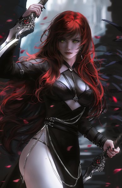 Anime picture 4505x6963 with league of legends katarina (league of legends) nixeu single long hair tall image fringe highres breasts light erotic standing holding green eyes looking away absurdres red hair long sleeves nail polish fingernails realistic