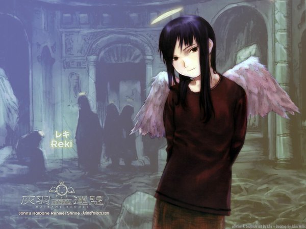 Anime picture 1600x1200 with haibane renmei reki (haibane) abe yoshitoshi single long hair standing brown eyes blue hair hands behind back angel wings angel girl building (buildings) halo