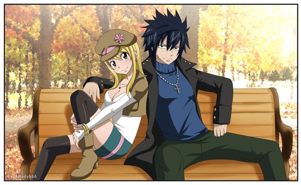 Anime picture 1944x1196 with fairy tail lucy heartfilia gray fullbuster milady666 long hair highres short hair black hair blonde hair smile wide image brown eyes black eyes sunlight framed autumn girl thighhighs boy black thighhighs