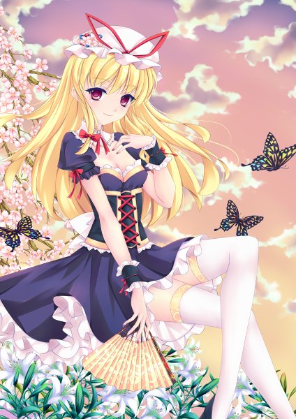 Anime picture 848x1200 with touhou yakumo yukari fred0092 single long hair tall image looking at viewer blonde hair red eyes sky cloud (clouds) girl thighhighs dress flower (flowers) white thighhighs frills insect butterfly bonnet