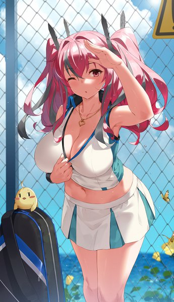 Anime picture 1095x1900 with azur lane manjuu (azur lane) bremerton (azur lane) bremerton (scorching-hot training) (azur lane) yijian ma single long hair tall image looking at viewer blush fringe breasts light erotic hair between eyes large breasts standing twintails pink hair sky cleavage