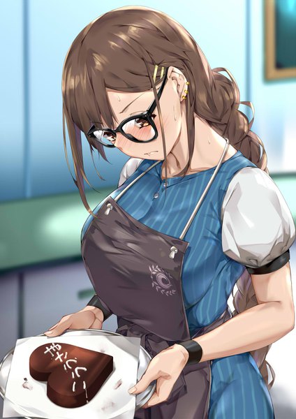 Anime picture 1000x1414 with fate (series) fate/grand order yu mei-ren (fate) hidebuu single long hair tall image blush fringe breasts brown hair standing holding brown eyes payot upper body indoors braid (braids) head tilt fingernails