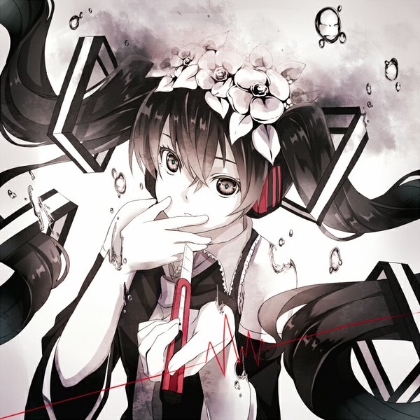 Anime picture 800x800 with vocaloid nisoku hokou (vocaloid) hatsune miku akami fumio single looking at viewer fringe black hair twintails brown eyes very long hair hair flower white skin girl hair ornament flower (flowers) detached sleeves necktie headphones water drop