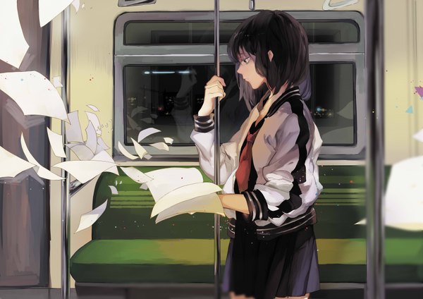 Anime picture 3507x2480 with original dj.adonis single highres short hair black hair holding looking away absurdres profile pleated skirt open clothes open jacket expressionless train interior girl skirt uniform miniskirt serafuku