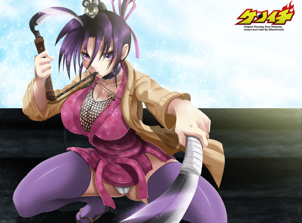 Anime picture 1251x925 with history's strongest disciple kenichi shigure kosaka hikarinogiri single looking at viewer short hair breasts light erotic large breasts purple eyes holding signed purple hair sunlight coloring mouth hold blue background fighting stance girl thighhighs