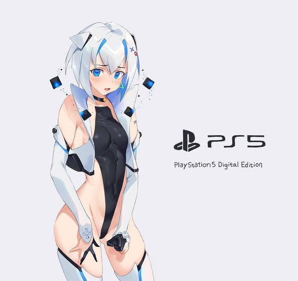Anime picture 1500x1414 with original sony ps5 chan mhk (mechamania) single looking at viewer blush fringe short hair breasts open mouth blue eyes light erotic simple background hair between eyes standing white hair multicolored hair grey background two-tone hair