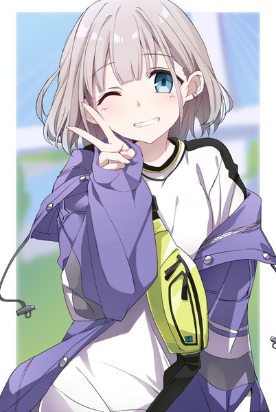 Anime picture 644x961 with idolmaster idolmaster shiny colors serizawa asahi tsuedzu single tall image looking at viewer short hair blue eyes smile silver hair upper body one eye closed wink open jacket grin piercing border victory ear piercing