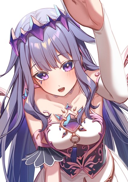 Anime picture 1736x2456 with virtual youtuber hololive hololive english koseki bijou koseki bijou (1st costume) erezu single long hair tall image looking at viewer blush highres open mouth simple background white background purple eyes purple hair :d arm up from above
