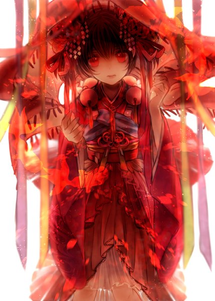 Anime picture 732x1024 with hoozuki no reitetsu wit studio peach maki yasiromann single tall image looking at viewer short hair black hair red eyes traditional clothes japanese clothes girl animal headdress kimono obi fish (fishes)