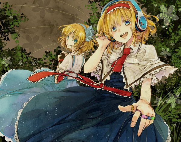 Anime picture 1520x1200 with touhou alice margatroid kazamineko looking at viewer blush short hair open mouth blue eyes blonde hair smile multiple girls looking back short sleeves happy dual persona girl dress ribbon (ribbons) 2 girls hair ribbon