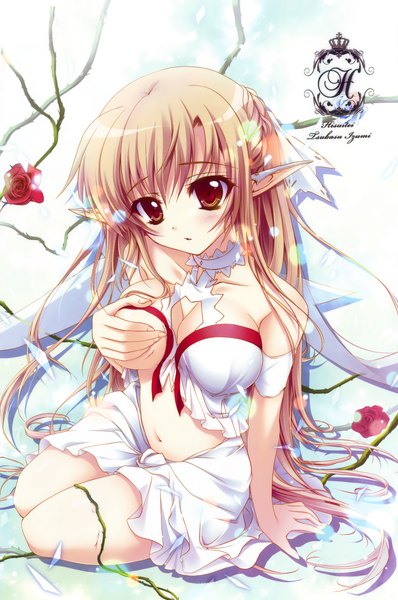 Anime picture 3056x4604 with sword art online a-1 pictures yuuki asuna titania (alo) izumi tsubasu long hair tall image blush highres breasts light erotic blonde hair brown eyes absurdres pointy ears girl dress flower (flowers)