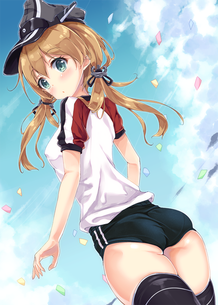 Anime picture 858x1200 with kantai collection prinz eugen (kantai collection) fukuda shuushi single long hair tall image looking at viewer blush breasts light erotic standing twintails sky cloud (clouds) ass head tilt looking back aqua eyes from behind from below
