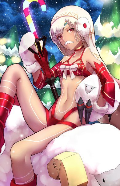 Anime picture 988x1520 with fate (series) fate/grand order altera (fate) altera the santa (fate) shiguru single tall image looking at viewer short hair light erotic red eyes sitting white hair night dark skin christmas girl detached sleeves animal food