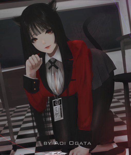 Anime picture 1358x1600 with kakegurui jabami yumeko aoi ogata single long hair tall image looking at viewer fringe breasts light erotic red eyes signed animal ears cleavage full body indoors tail blunt bangs long sleeves parted lips