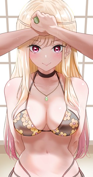 Anime picture 909x1720 with sono bisque doll wa koi wo suru cloverworks kitagawa marin gojou wakana uenoryoma long hair tall image looking at viewer blush breasts light erotic blonde hair smile large breasts standing pink eyes piercing floral print ear piercing solo focus