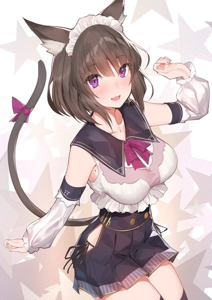 Anime-Bild 1000x1414 mit original yaman (yamanta lov) single tall image looking at viewer blush fringe short hair breasts open mouth simple background hair between eyes brown hair large breasts standing purple eyes animal ears tail :d animal tail