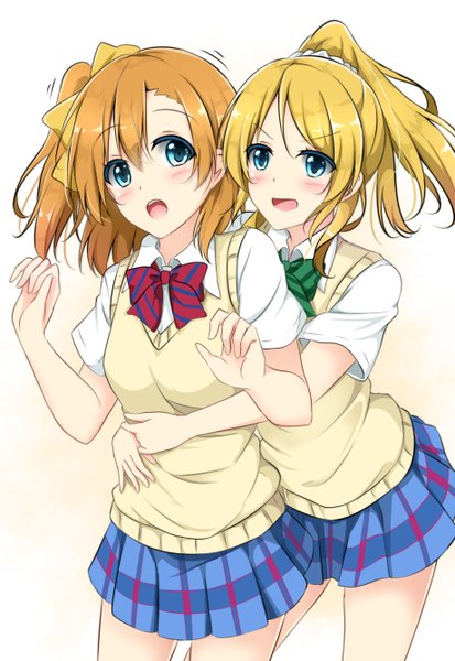 Anime picture 920x1337 with love live! school idol project sunrise (studio) love live! ayase eli kousaka honoka kurottari long hair tall image blush fringe short hair open mouth blue eyes simple background blonde hair hair between eyes standing white background multiple girls looking away