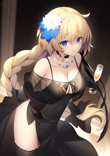 Anime picture 1447x2046 with fate (series) fate/grand order fate/apocrypha jeanne d'arc (fate) (all) jeanne d'arc (formal dress) (fate) miko (royal milk) single long hair tall image fringe breasts blue eyes light erotic blonde hair smile hair between eyes large breasts standing holding payot