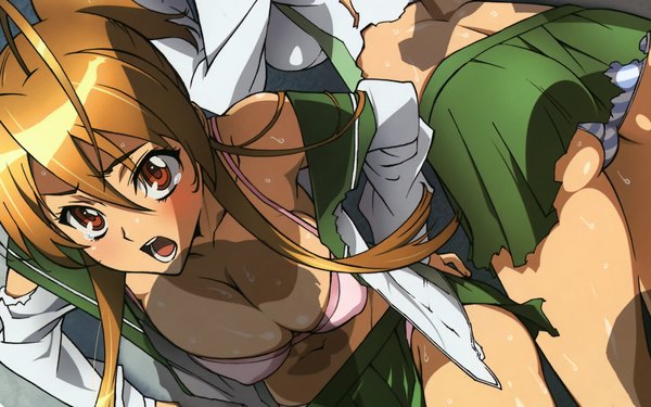 Anime picture 1920x1200 with highschool of the dead madhouse miyamoto rei takagi saya highres light erotic blonde hair wide image multiple girls absurdres ahoge ass pantyshot torn clothes angry girl thighhighs underwear panties 2 girls