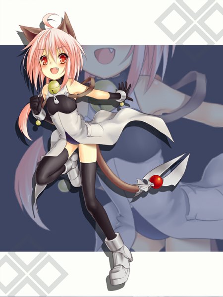 Anime picture 750x1000 with kerikaza single long hair tall image blush open mouth light erotic smile red eyes animal ears pink hair tail animal tail cat ears cat girl cat tail girl thighhighs gloves black thighhighs