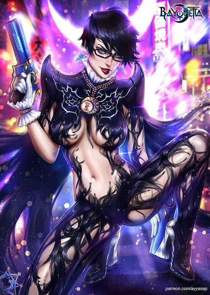 Anime picture 714x1000 with bayonetta bayonetta (character) ayyasap single tall image looking at viewer fringe short hair breasts blue eyes light erotic black hair hair between eyes large breasts holding signed bent knee (knees) outdoors realistic mole