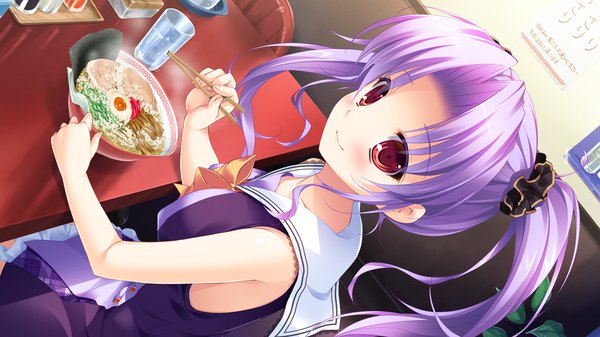 Anime picture 1280x720 with hime-sama love life! ou maika mikeou single long hair blush red eyes wide image sitting twintails game cg purple hair light smile from above sailor collar girl dress food scrunchie chopsticks