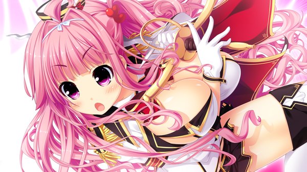 Anime picture 1280x720 with demon busters single long hair blush breasts open mouth light erotic wide image large breasts pink hair game cg cleavage pink eyes girl gloves hair ornament weapon sword white gloves