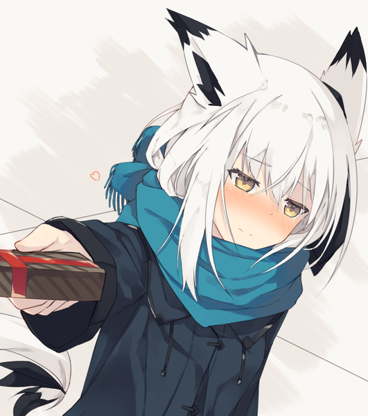 Anime picture 834x942 with original nagishiro mito single long hair tall image blush fringe hair between eyes holding animal ears yellow eyes payot looking away white hair tail animal tail grey background embarrassed fox ears fox tail