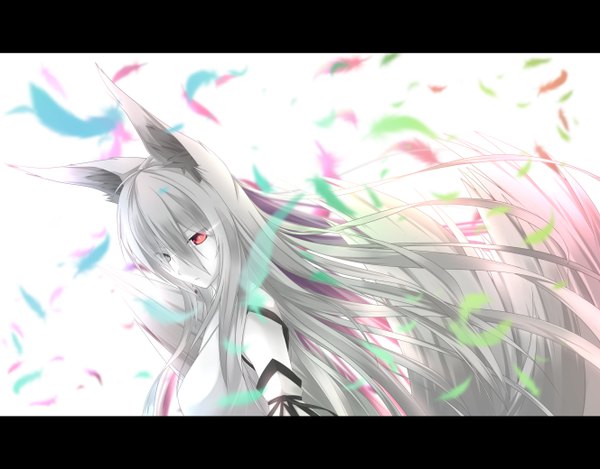 Anime picture 1328x1040 with original nagishiro mito single long hair looking at viewer red eyes white background animal ears silver hair tail animal tail heterochromia girl feather (feathers)