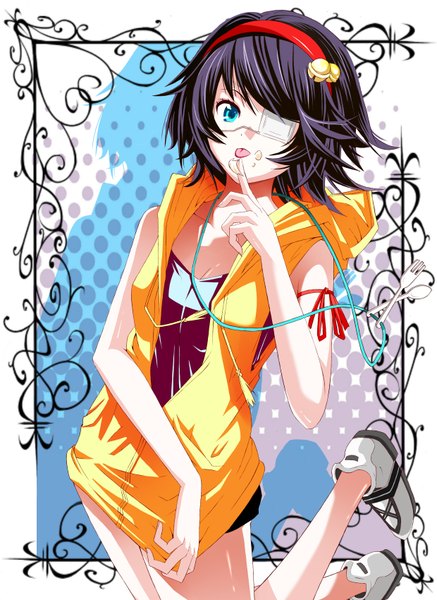 Anime picture 2477x3400 with original bikoma tall image looking at viewer highres short hair black hair aqua eyes jumping food on face girl hair ornament boots tongue bell eyepatch jingle bell fork spoon