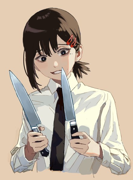 Anime picture 1362x1841 with chainsaw man mappa higashiyama kobeni shiren (ourboy83) single tall image short hair simple background smile brown hair holding upper body black eyes mole mole under eye grin low ponytail crazy smile crazy girl