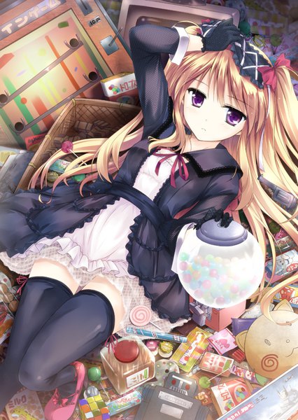 Anime picture 568x800 with dakara shoujo wa omoide wo taberu ryoumoto ken single long hair tall image looking at viewer fringe blonde hair purple eyes lying inscription on back zettai ryouiki hand on head lolita fashion goth-loli girl thighhighs dress gloves