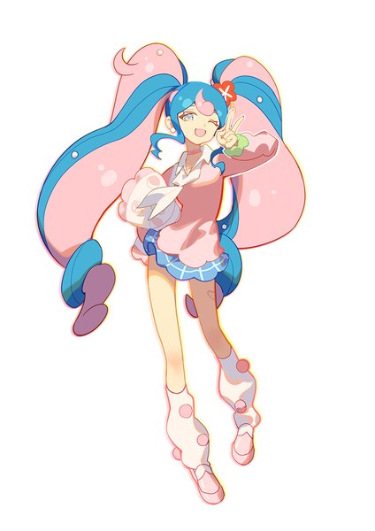 Anime-Bild 1000x1415 mit pokemon vocaloid nintendo project voltage hatsune miku fairy miku (project voltage) indai (3330425) single long hair tall image looking at viewer open mouth simple background white background twintails blue hair pink hair full body pink eyes multicolored hair