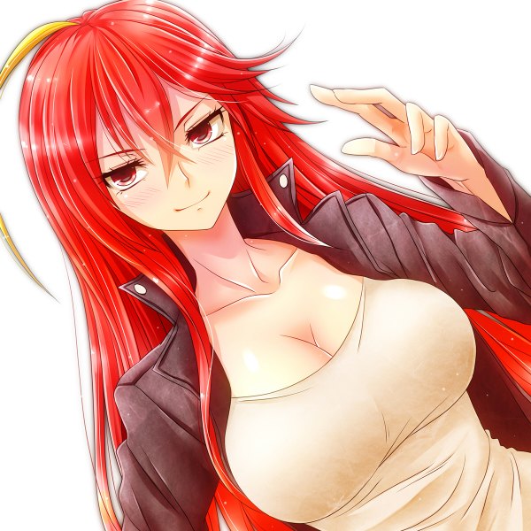 Anime picture 1200x1200 with original watarui single long hair looking at viewer blush breasts light erotic red eyes large breasts white background red hair light smile open clothes open jacket girl jacket