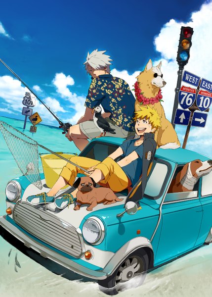 Anime picture 1000x1399 with naruto studio pierrot naruto (series) mini cooper uzumaki naruto hatake kakashi pakkun tall image looking at viewer open mouth blonde hair sitting looking away sky cloud (clouds) grey hair open clothes open jacket facial mark looking up