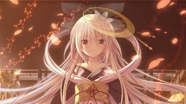 Anime picture 1280x720 with chrono clock kuro (chrono clock) koku single long hair looking at viewer blush red eyes wide image game cg white hair traditional clothes japanese clothes girl hair ornament petals kimono