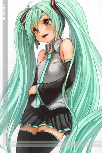 Anime picture 670x1000 with vocaloid hatsune miku sachito (artist) single tall image blush open mouth simple background white background twintails bare shoulders ahoge very long hair aqua eyes aqua hair girl thighhighs black thighhighs detached sleeves