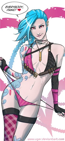 Anime picture 2542x5463 with league of legends jinx (league of legends) uger single tall image looking at viewer highres breasts light erotic red eyes blue hair very long hair bare belly tattoo flat chest girl thighhighs gloves navel underwear