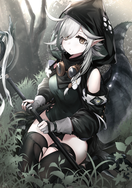 Anime picture 595x842 with arknights tomimi (arknights) nokke o single long hair tall image fringe yellow eyes looking away silver hair ahoge tail animal tail pointy ears hair over one eye goggles around neck crocodilian tail girl thighhighs black thighhighs