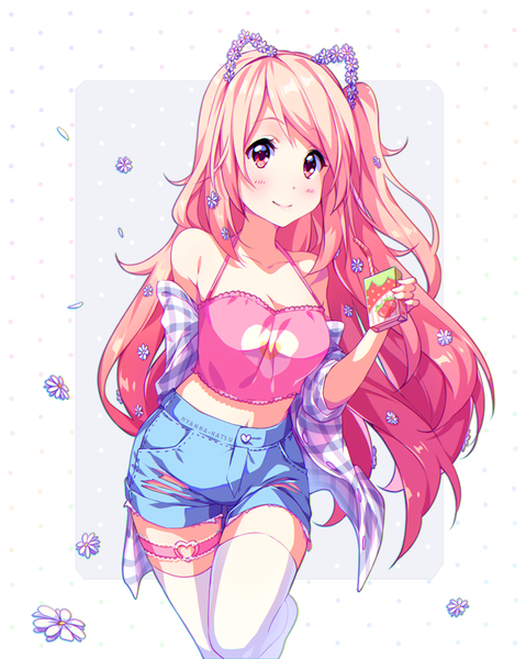 Anime picture 719x900 with original hyanna-natsu single long hair tall image looking at viewer blush smile bare shoulders holding animal ears pink hair bent knee (knees) pink eyes hair flower cat ears midriff leaning open shirt zettai ryouiki