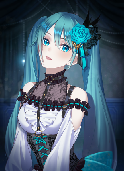 Anime picture 1772x2457 with project sekai vocaloid hatsune miku mokuyu single long hair tall image looking at viewer blush fringe highres open mouth blue eyes smile hair between eyes twintails bare shoulders signed payot blue hair